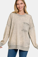 Zenana Exposed Seam Round Neck Dropped Shoulder Sweatshirt