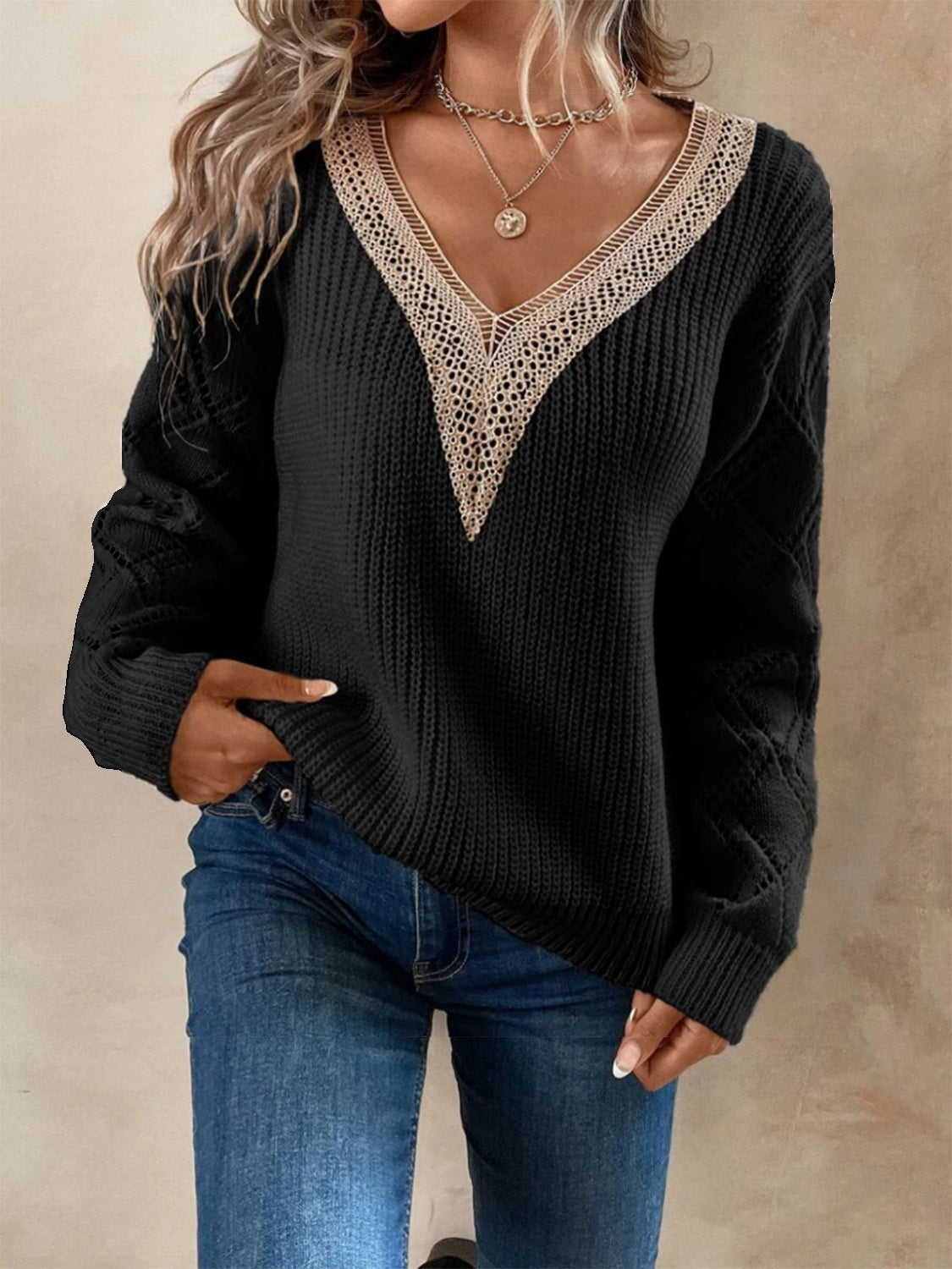 Openwork V-Neck Dropped Shoulder Sweater