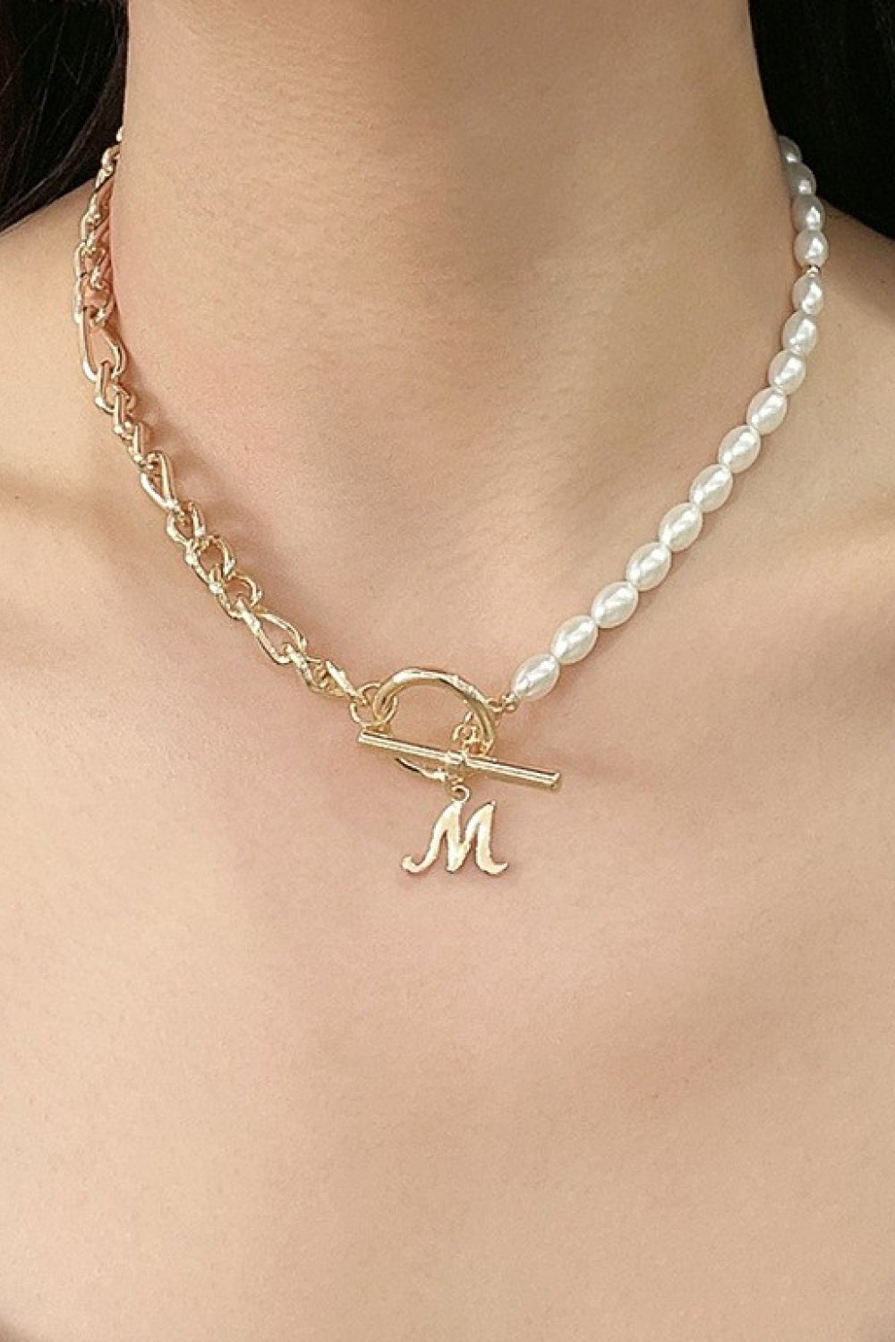 Alphabet M Pendant Half Pearl and Half Chain Necklace - Admiresty