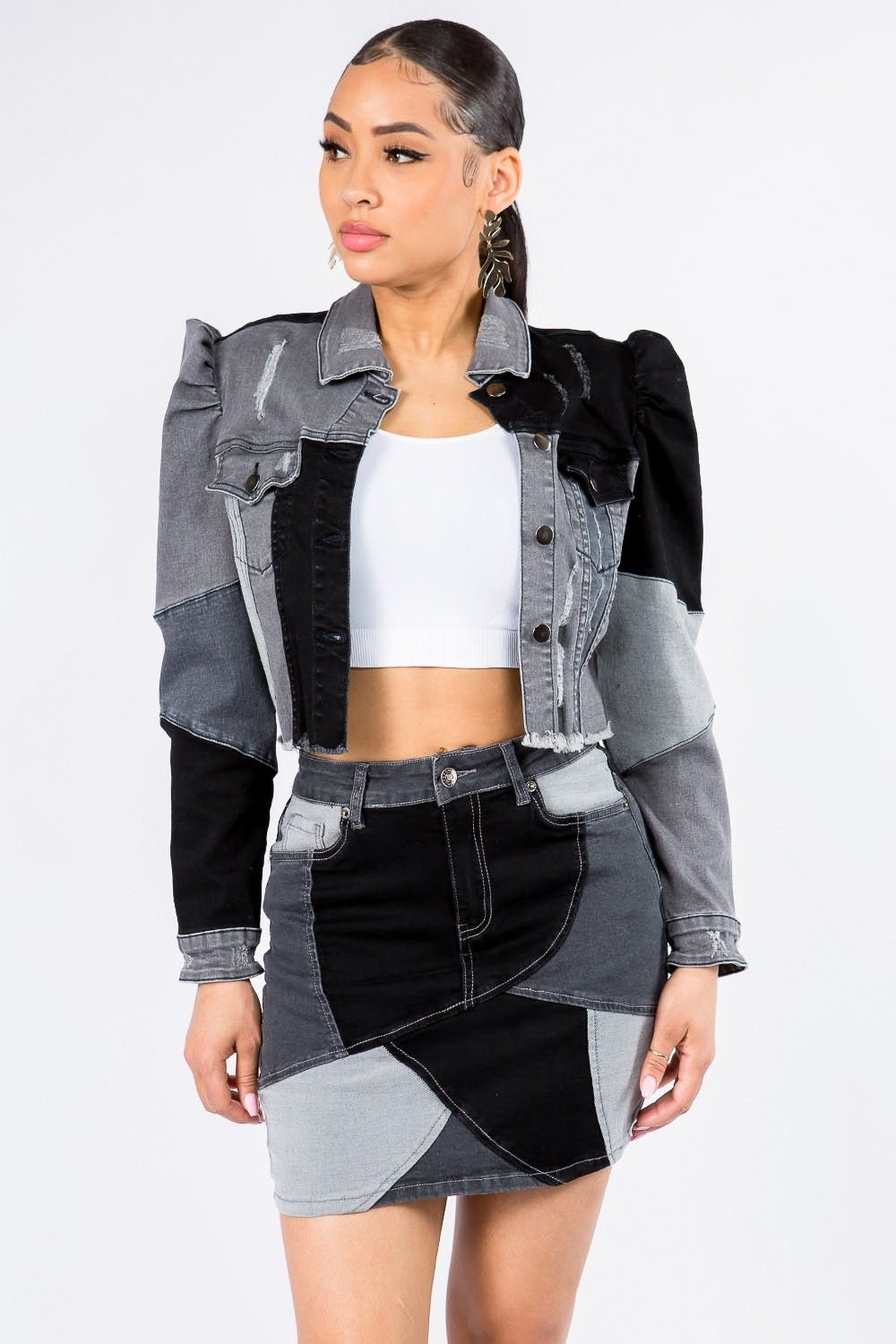 American Bazi Button Up Cropped Patchwork Denim Jacket - Admiresty