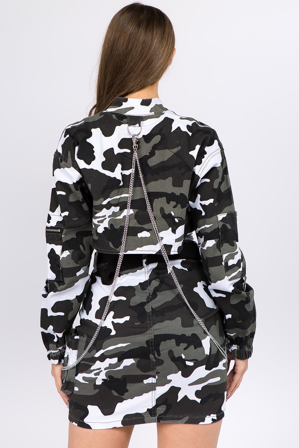 American Bazi Camouflage Cropped Jacket with Chains - Admiresty