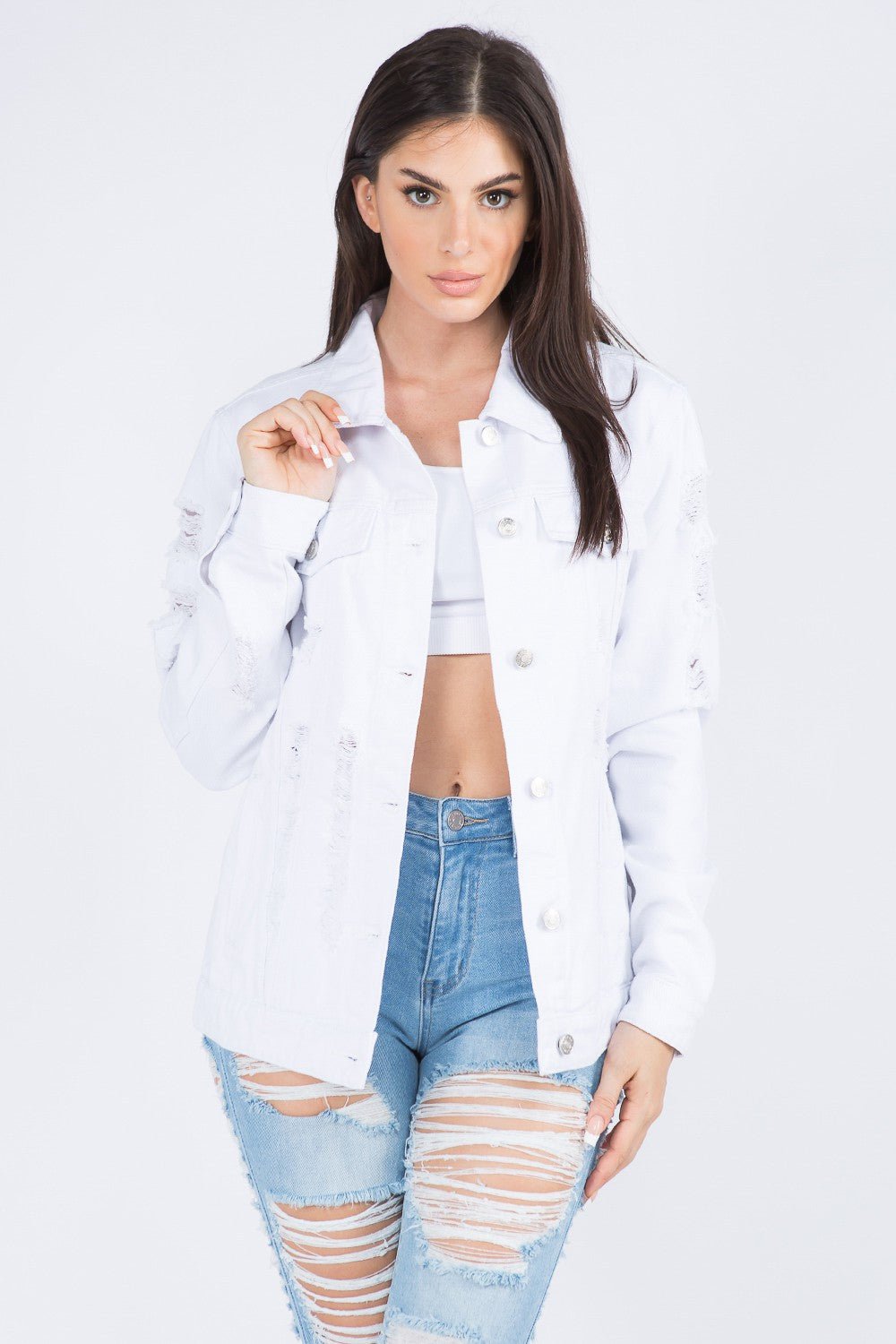 American Bazi Distressed Back Button Down Denim Jacket - Admiresty