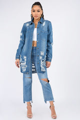 American Bazi Distressed Button Down Denim Shirt Jacket - Admiresty