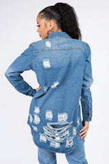 American Bazi Distressed Button Down Denim Shirt Jacket - Admiresty