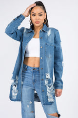 American Bazi Distressed Button Down Denim Shirt Jacket - Admiresty