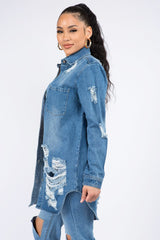 American Bazi Distressed Button Down Denim Shirt Jacket - Admiresty