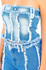 American Bazi Frayed Edge Denim Corset Top - Admiresty