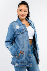 American Bazi Full Size Button Up Distressed Denim Jacket - Admiresty