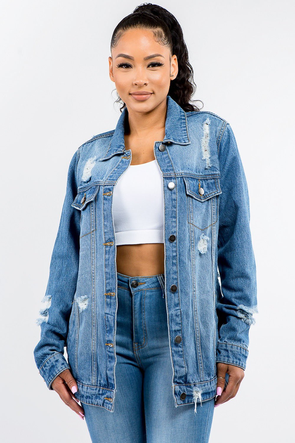 American Bazi Full Size Button Up Distressed Denim Jacket - Admiresty