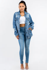 American Bazi Full Size Button Up Distressed Denim Jacket - Admiresty