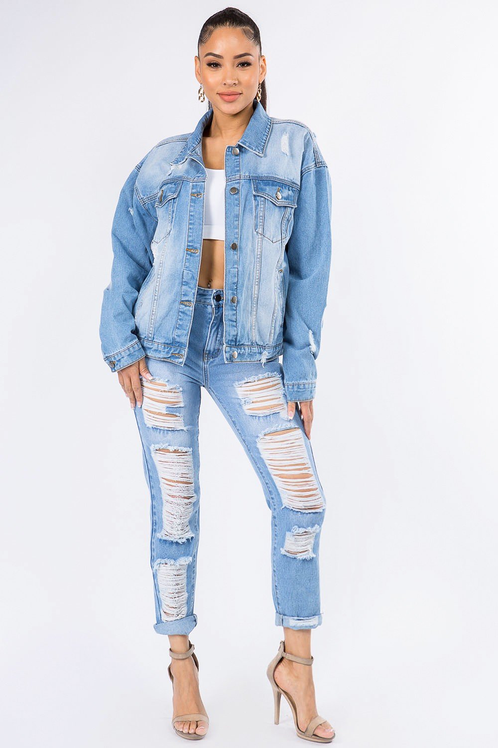 American Bazi Graphic Distressed Long Sleeve Denim Jacket - Admiresty