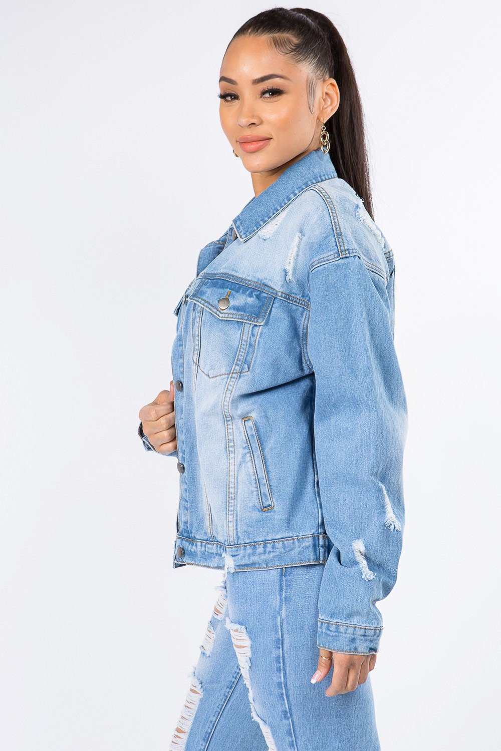 American Bazi Graphic Distressed Long Sleeve Denim Jacket - Admiresty