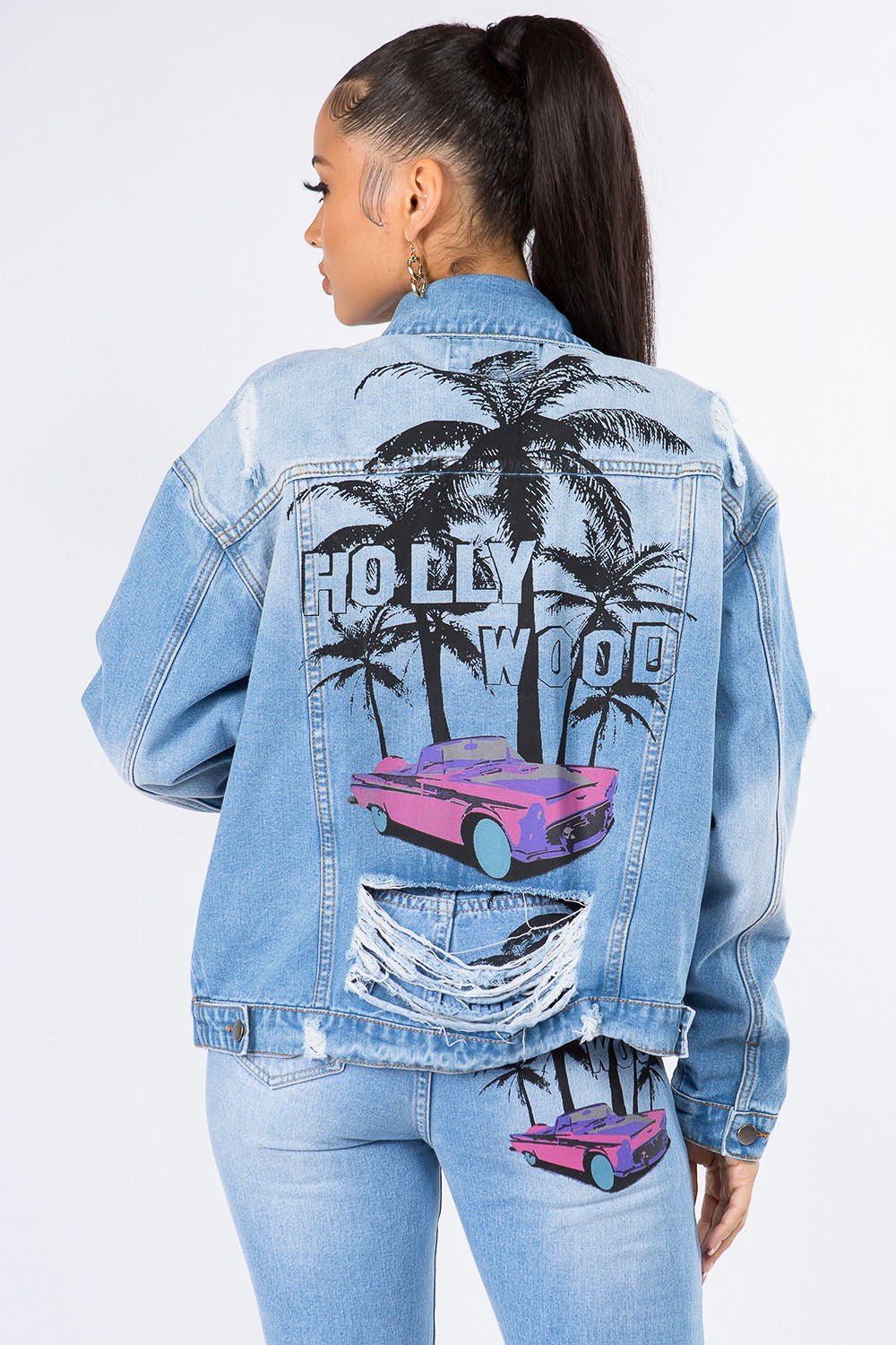 American Bazi Graphic Distressed Long Sleeve Denim Jacket - Admiresty