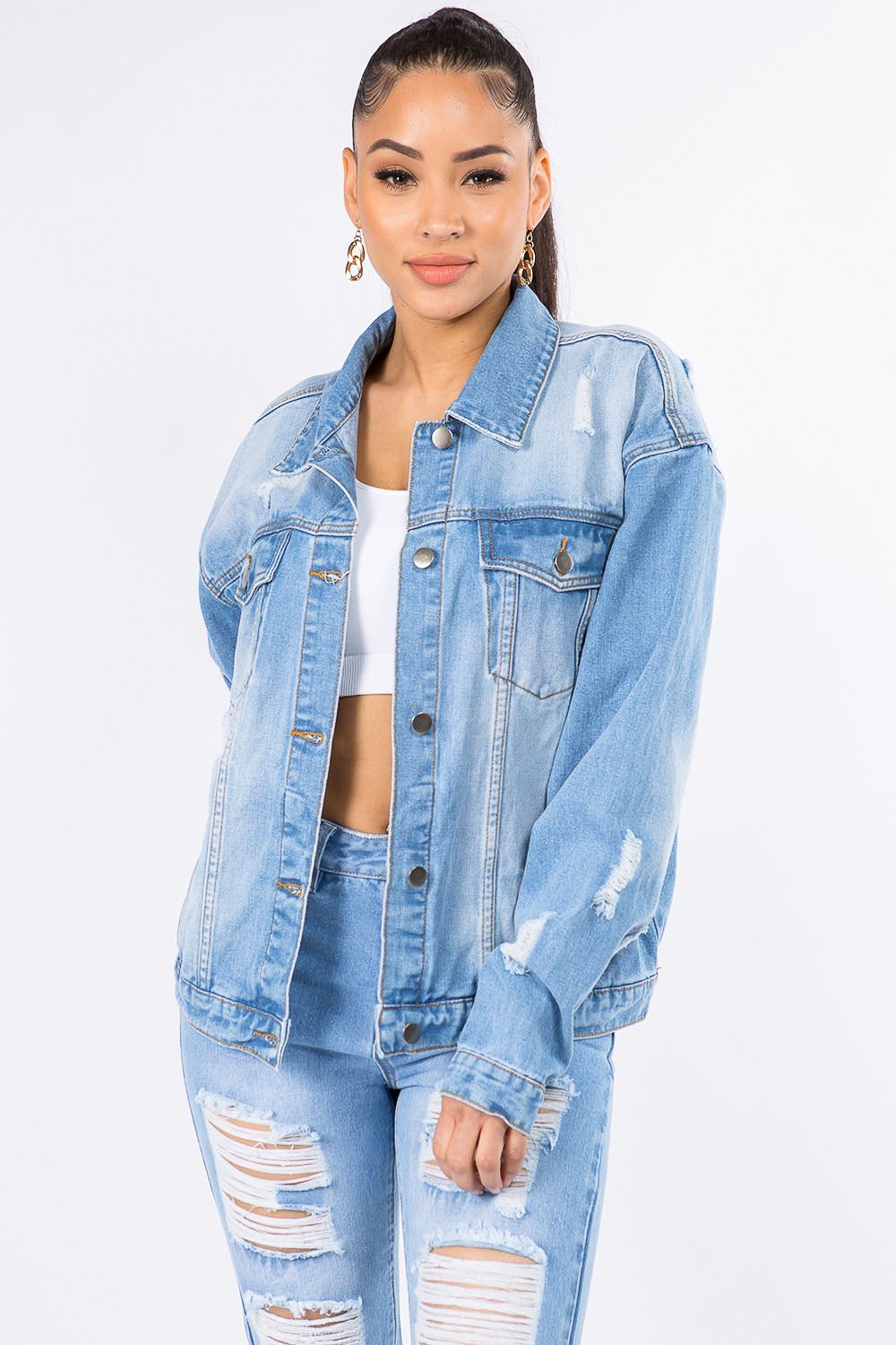 American Bazi Graphic Distressed Long Sleeve Denim Jacket - Admiresty