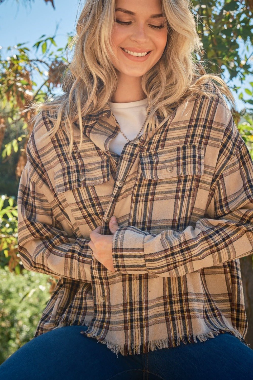 And The Why Full Size Button Up Raw Hem Plaid Shirt - Admiresty