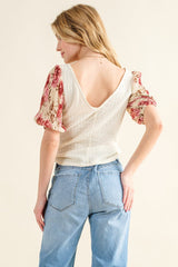 And The Why Full Size Floral Print Textured Sleeve Knit Top - Admiresty