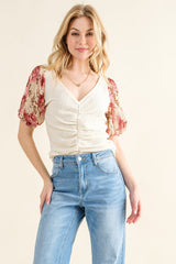 And The Why Full Size Floral Print Textured Sleeve Knit Top - Admiresty