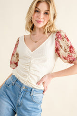 And The Why Full Size Floral Print Textured Sleeve Knit Top - Admiresty