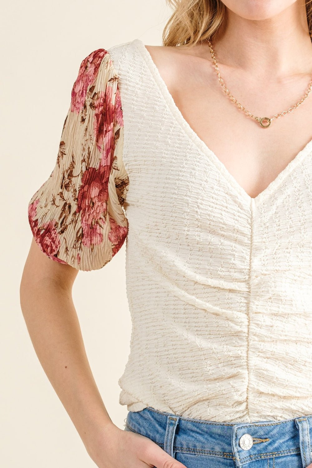 And The Why Full Size Floral Print Textured Sleeve Knit Top - Admiresty