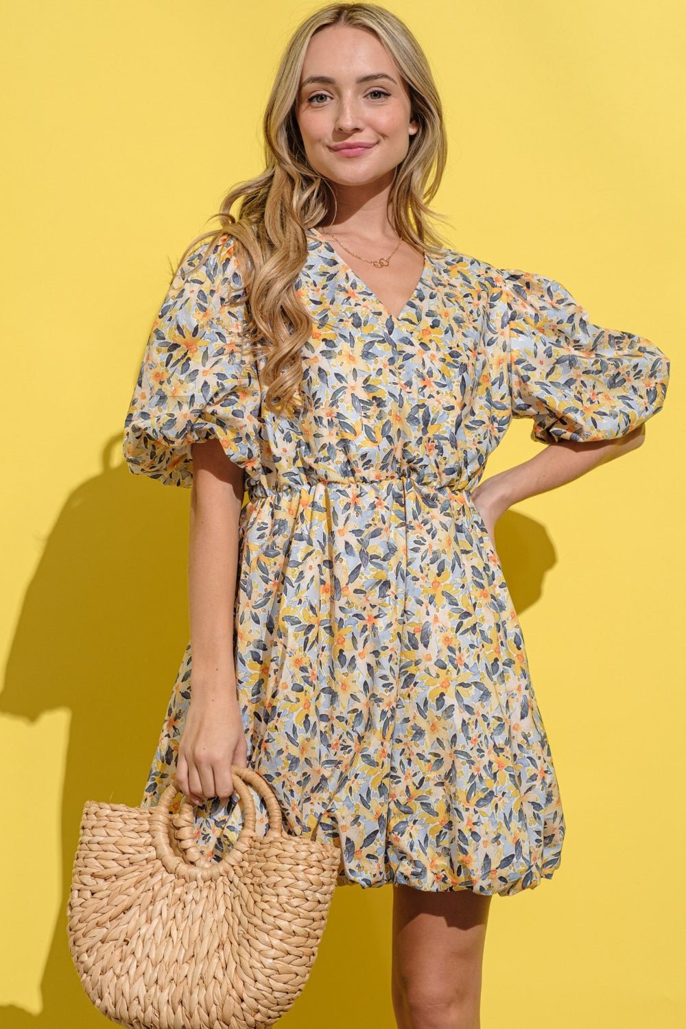 And The Why Full Size Floral Surplice Puff Sleeve Dress - Admiresty