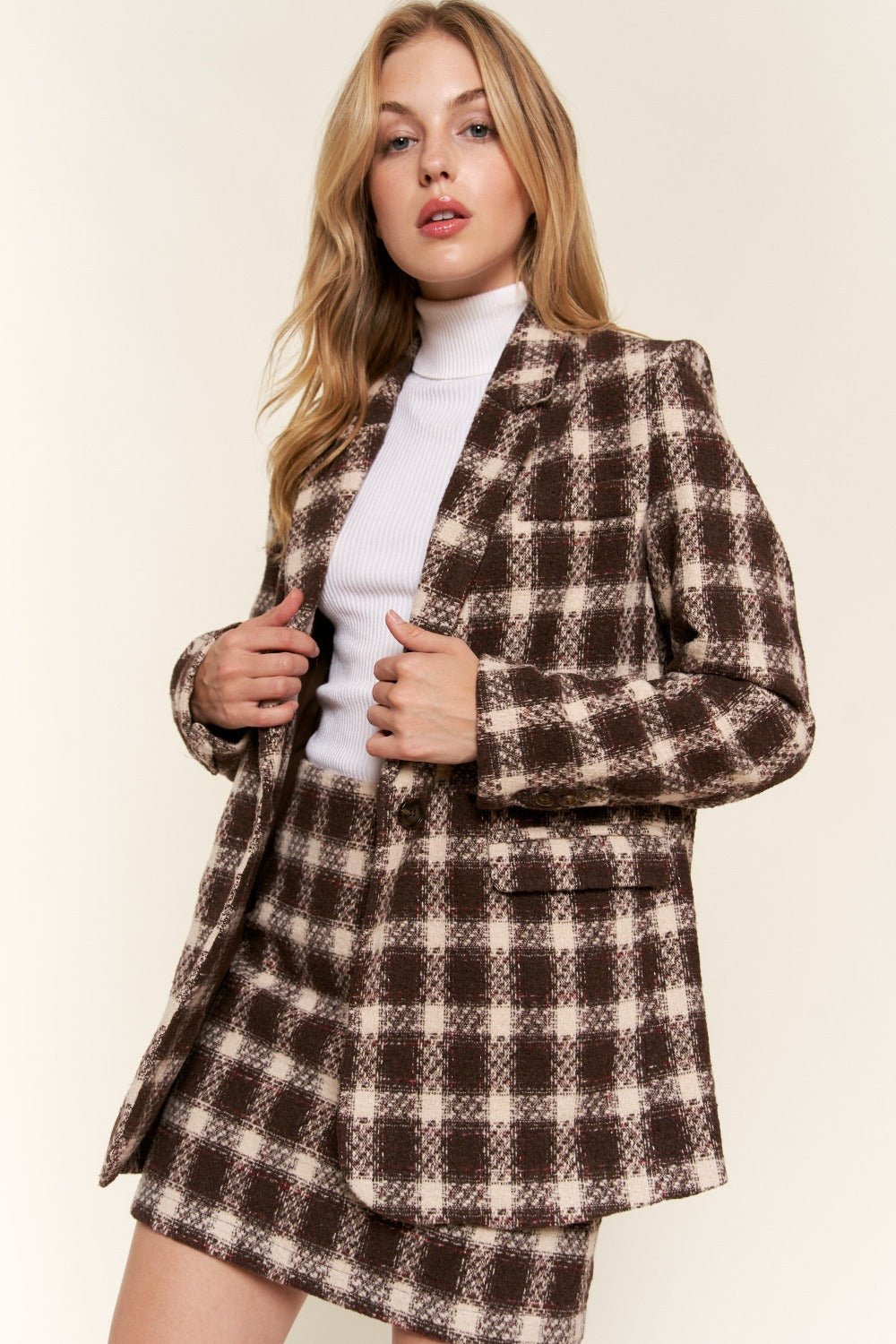 And The Why Full Size Plaid Brushed One Button Blazer - Admiresty