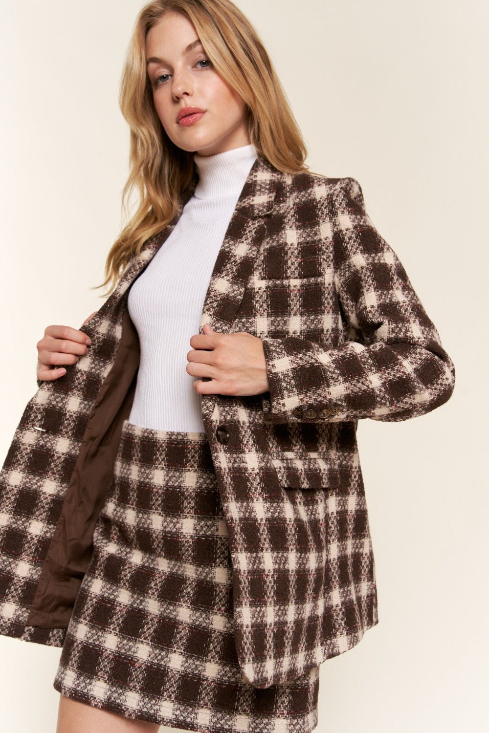 And The Why Full Size Plaid Brushed One Button Blazer - Admiresty