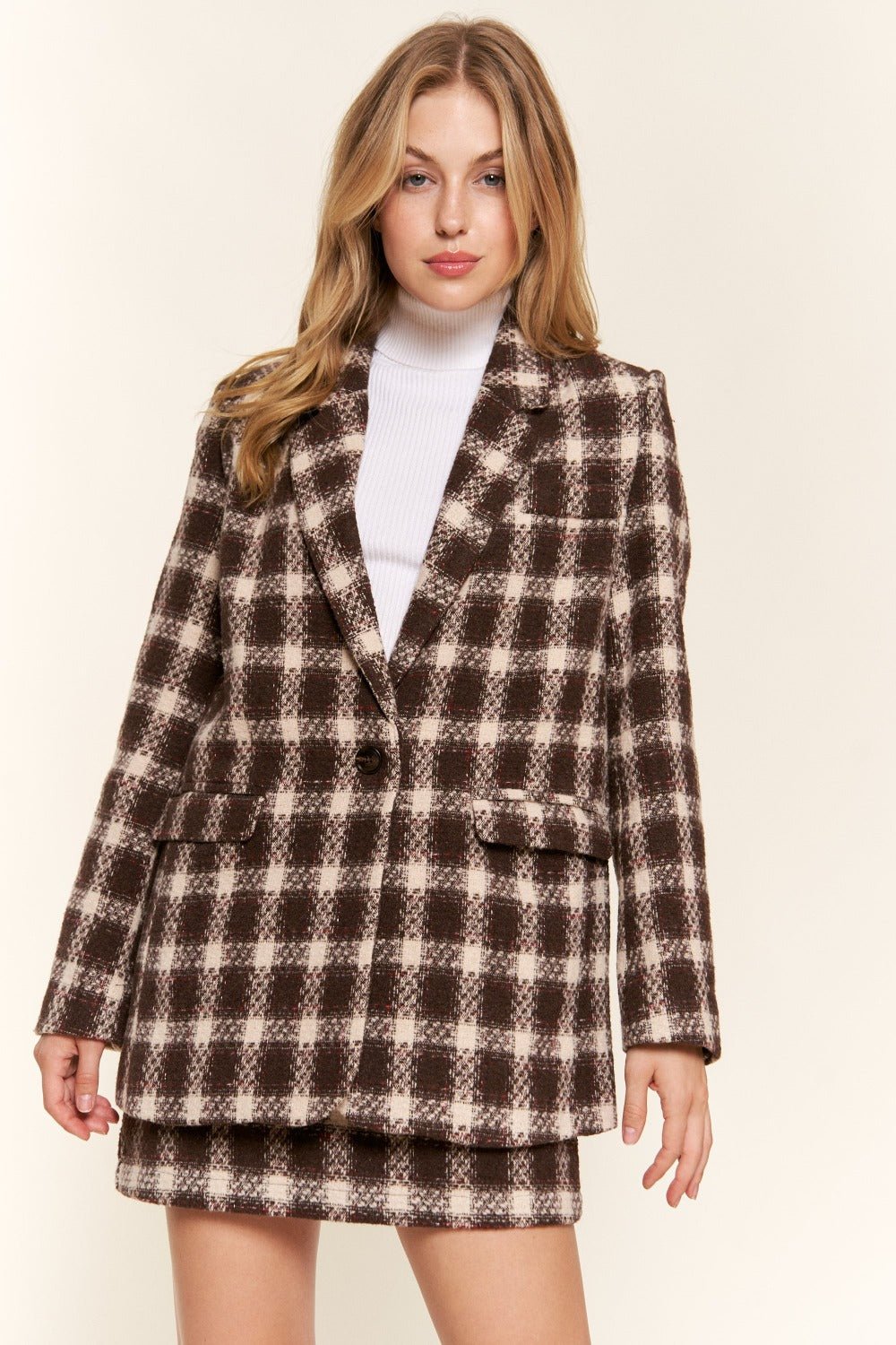 And The Why Full Size Plaid Brushed One Button Blazer - Admiresty