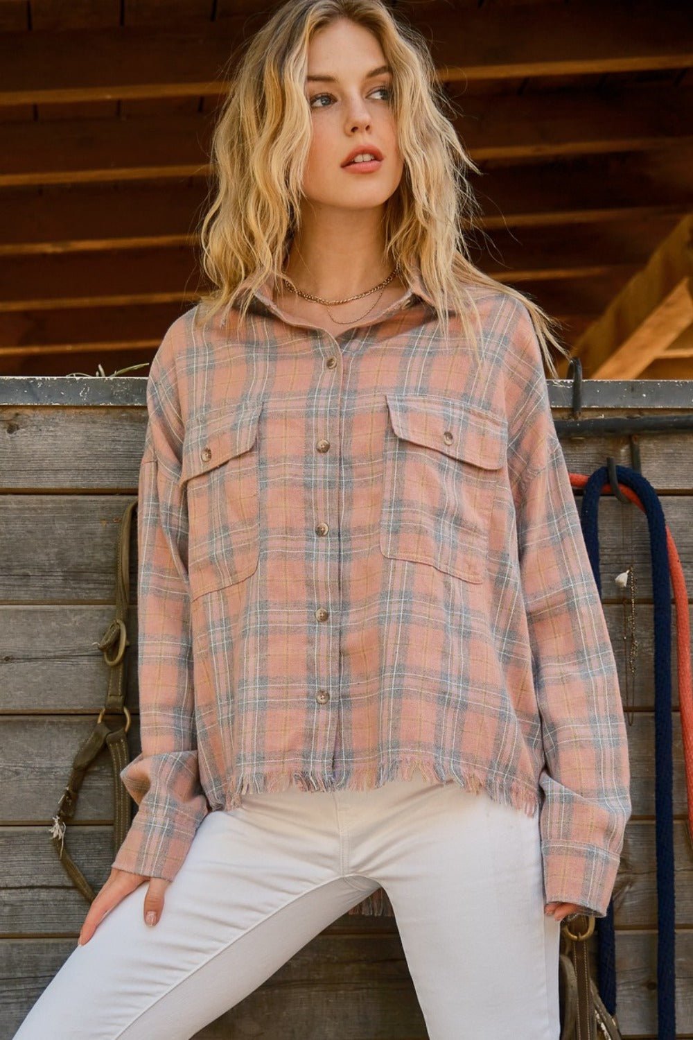 And The Why Full Size Plaid Button Up Raw Hem Shirt - Admiresty