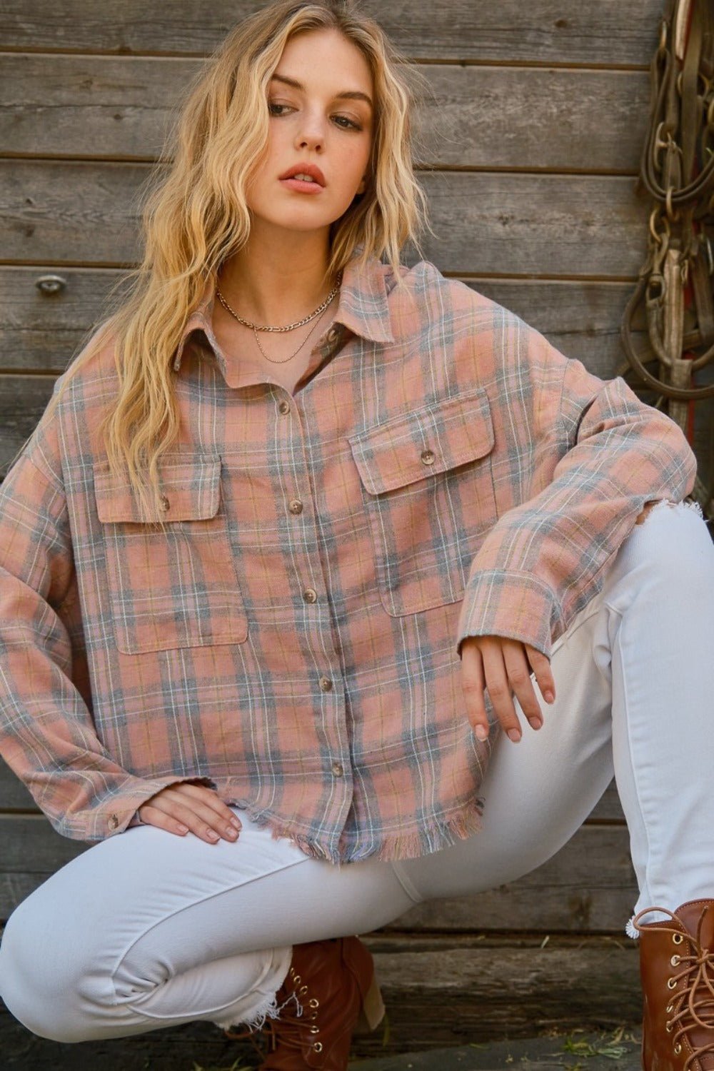 And The Why Full Size Plaid Button Up Raw Hem Shirt - Admiresty