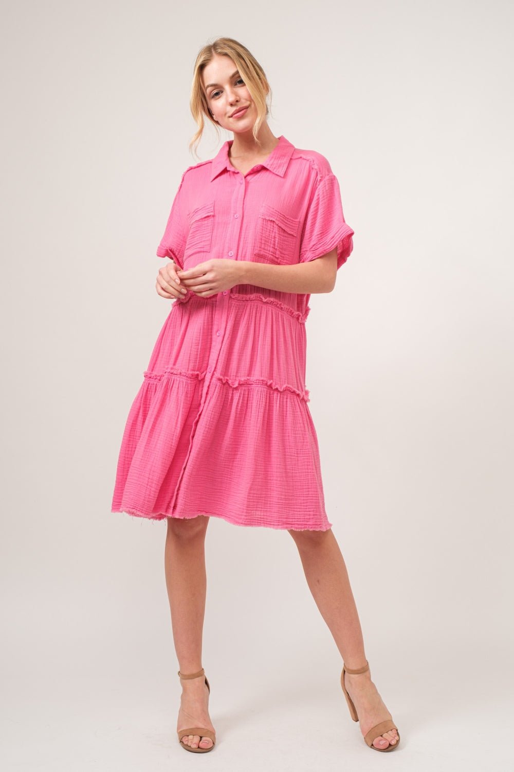 And The Why Full Size Raw Edge Washed Tiered Shirt Dress - Admiresty