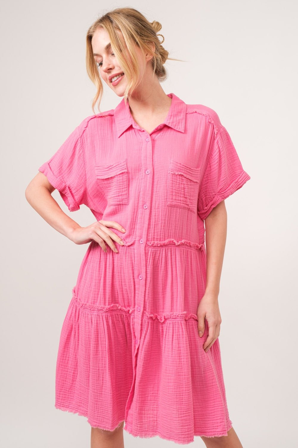 And The Why Full Size Raw Edge Washed Tiered Shirt Dress - Admiresty