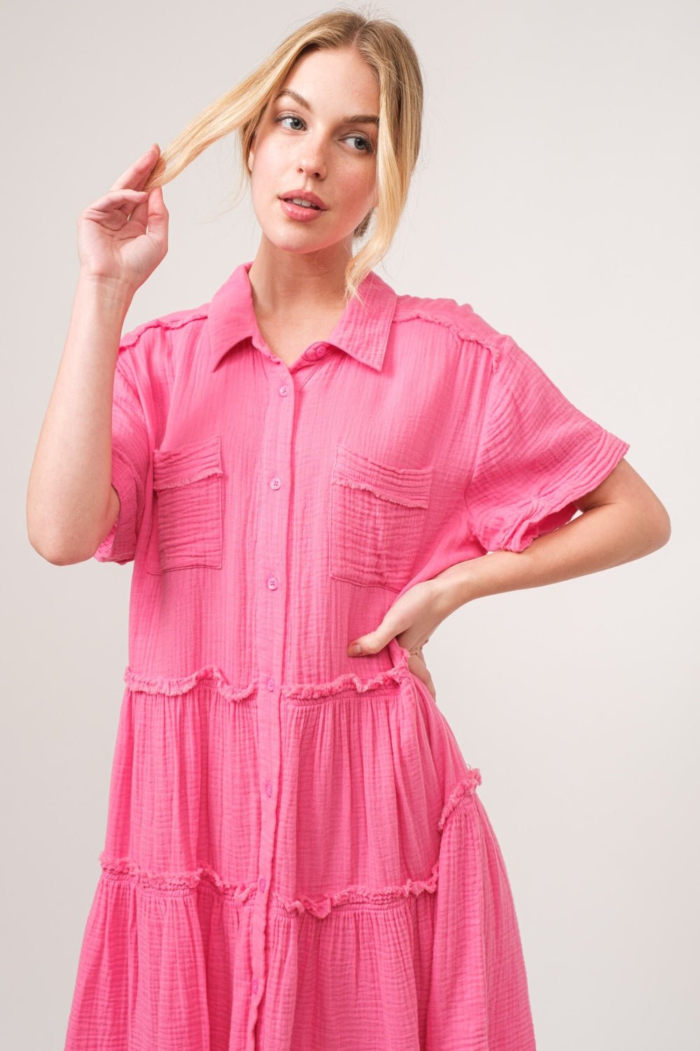 And The Why Full Size Raw Edge Washed Tiered Shirt Dress - Admiresty