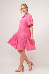 And The Why Full Size Raw Edge Washed Tiered Shirt Dress - Admiresty