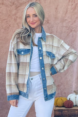 And The Why Full Size Washed Denim Detail Brushed Plaid Jacket - Admiresty