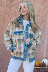 And The Why Full Size Washed Denim Detail Brushed Plaid Jacket - Admiresty