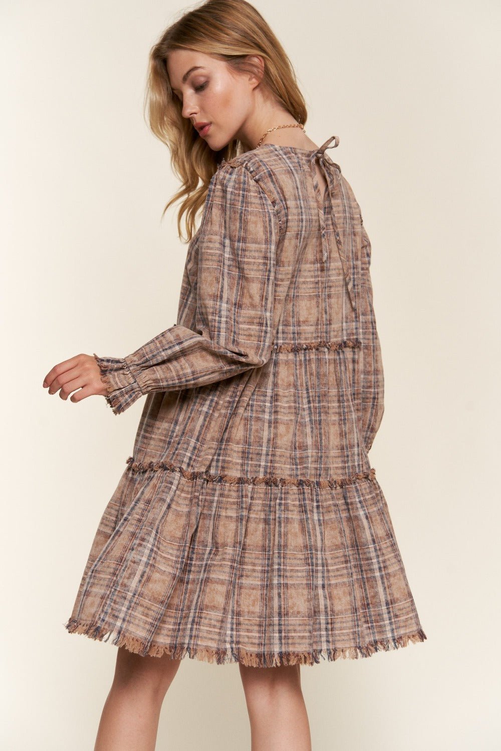 And The Why Full Size Washed Frayed Tiered Plaid Dress - Admiresty