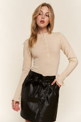 And The Why Half Button Round Neck Long Sleeve Bodysuit - Admiresty