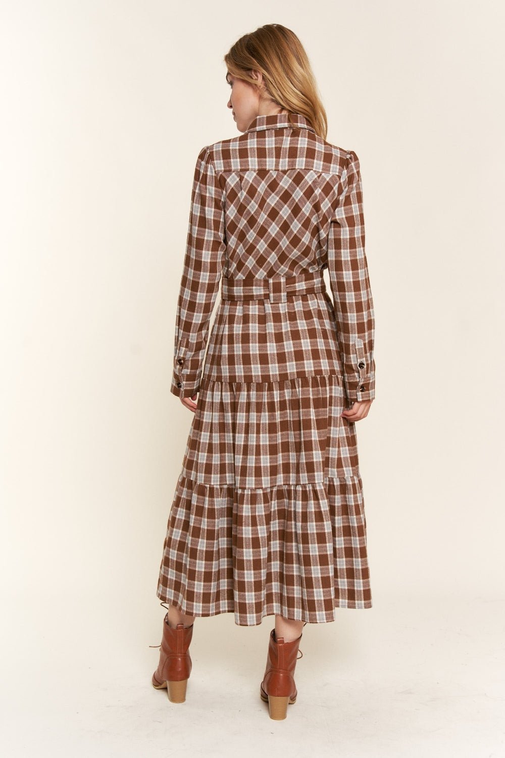 And the Why Plaid Tiered Midi Shirt Dress - Admiresty