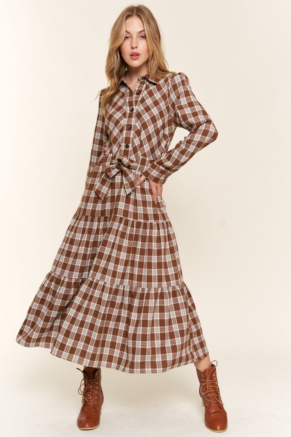 And the Why Plaid Tiered Midi Shirt Dress - Admiresty