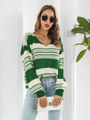 Striped V-Neck Dropped Shoulder Sweater