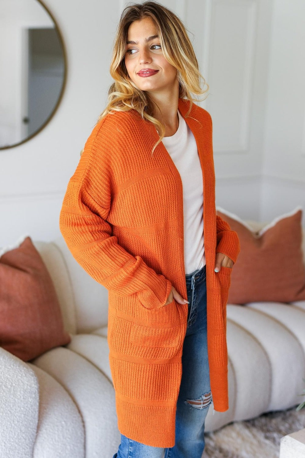 Haptics Full Size Stripe Textured Open Front Cardigan with Pockets