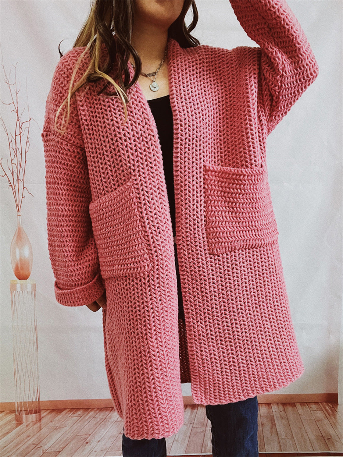 Open Front Long Sleeve Cardigan with Pockets