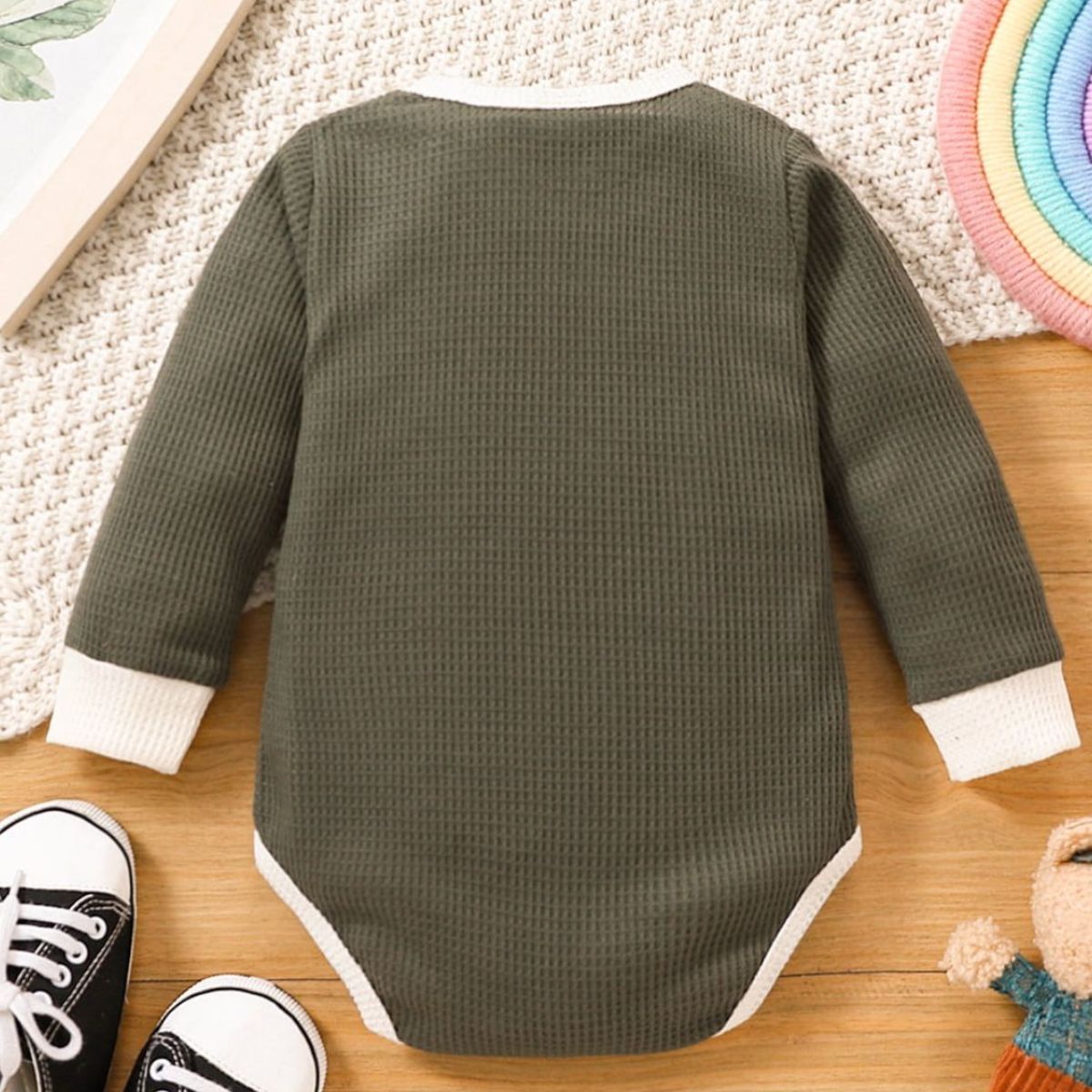 Baby Contrast Trim Waffle - Knit Long Sleeve Bodysuit - Admiresty