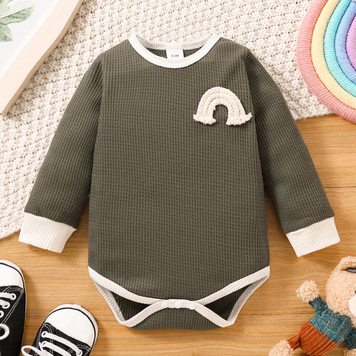 Baby Contrast Trim Waffle - Knit Long Sleeve Bodysuit - Admiresty