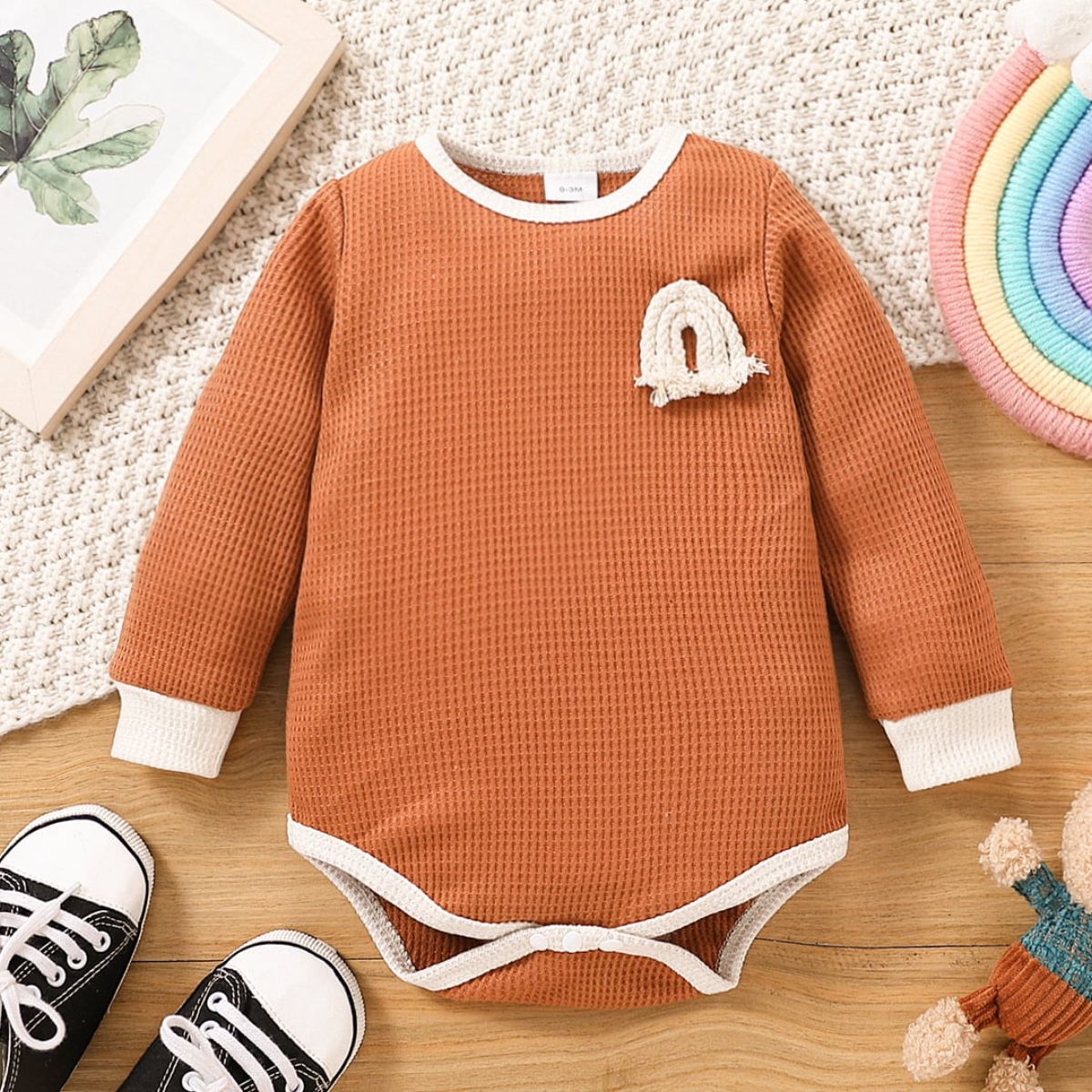 Baby Contrast Trim Waffle - Knit Long Sleeve Bodysuit - Admiresty