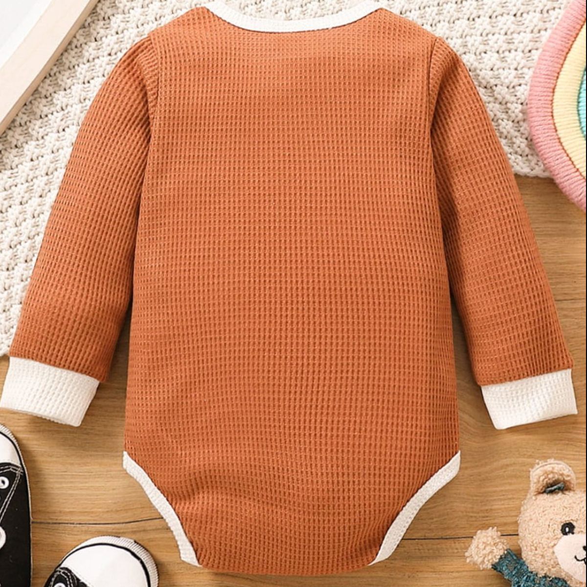 Baby Contrast Trim Waffle - Knit Long Sleeve Bodysuit - Admiresty