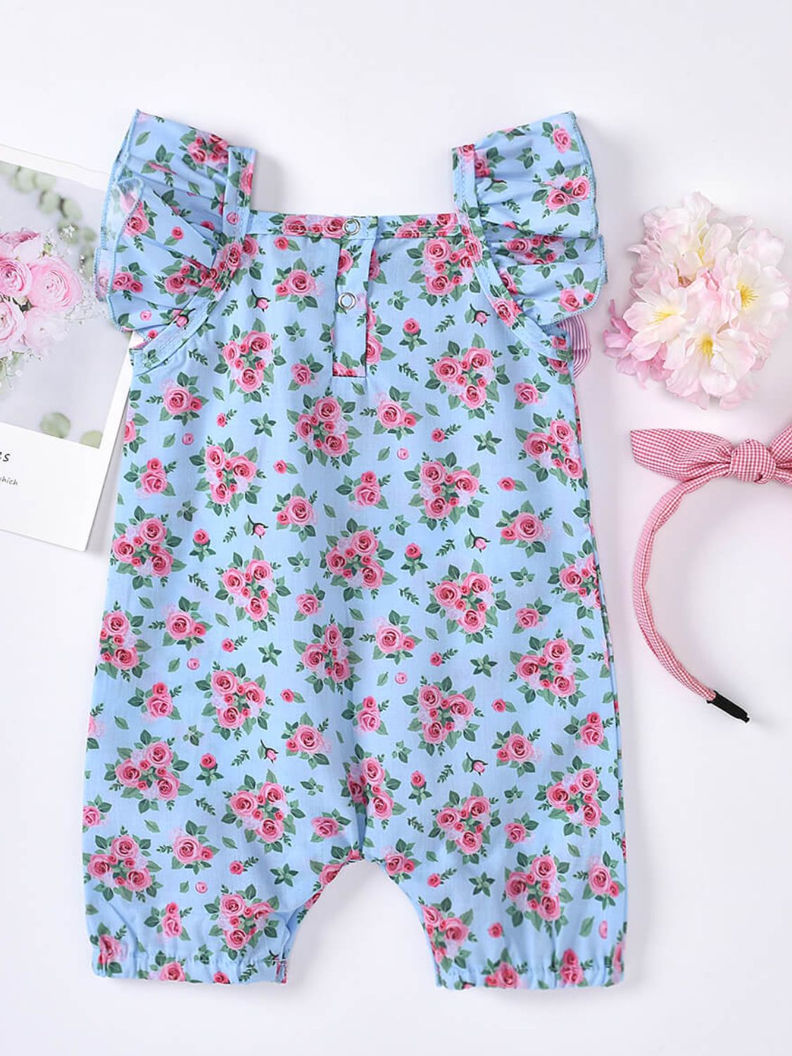 Baby Girl Printed Bow Detail Square Neck Romper - Admiresty