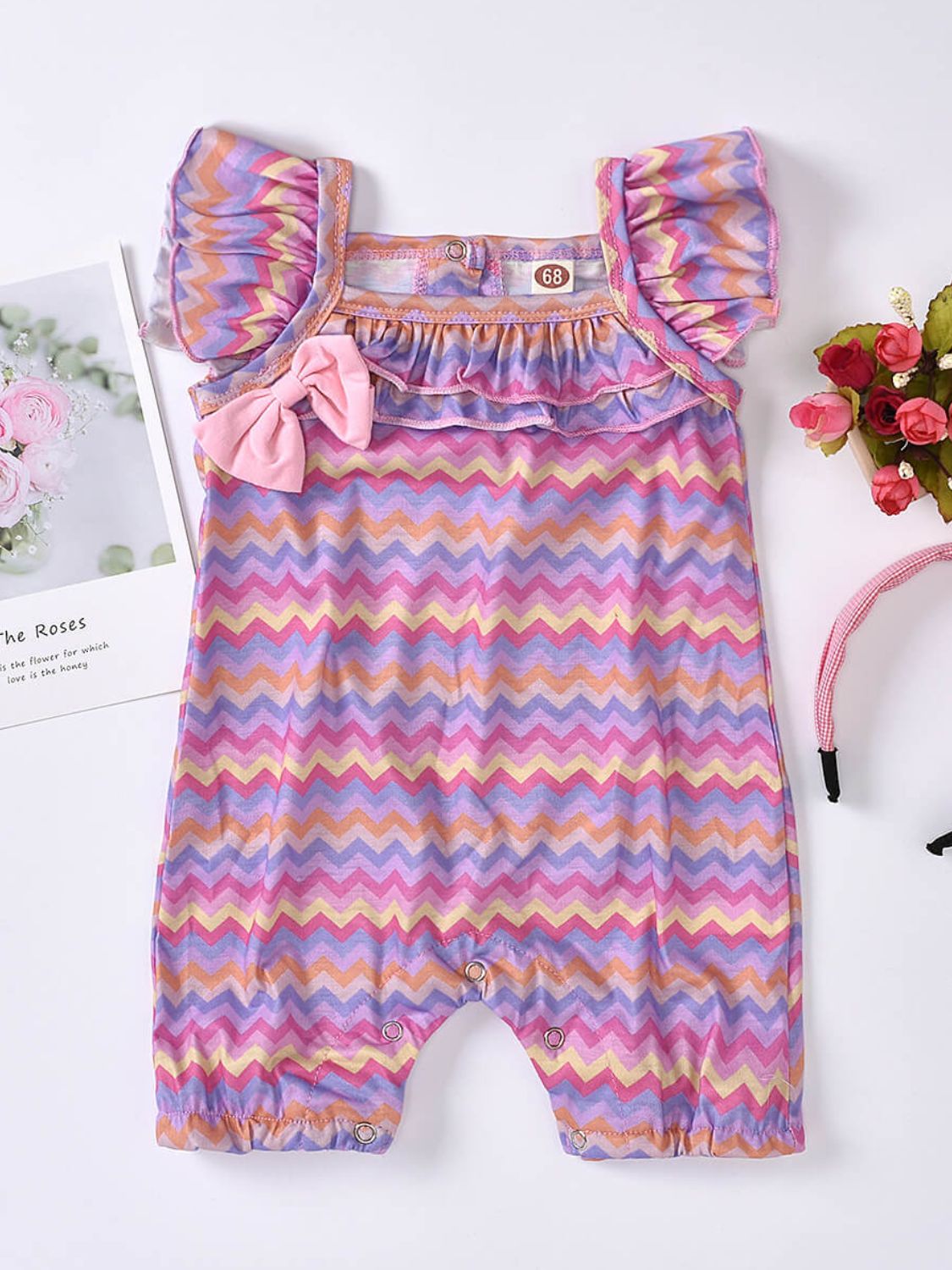 Baby Girl Printed Bow Detail Square Neck Romper - Admiresty