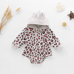 Baby Leopard Print Drawstring Hooded Bodysuit - Admiresty