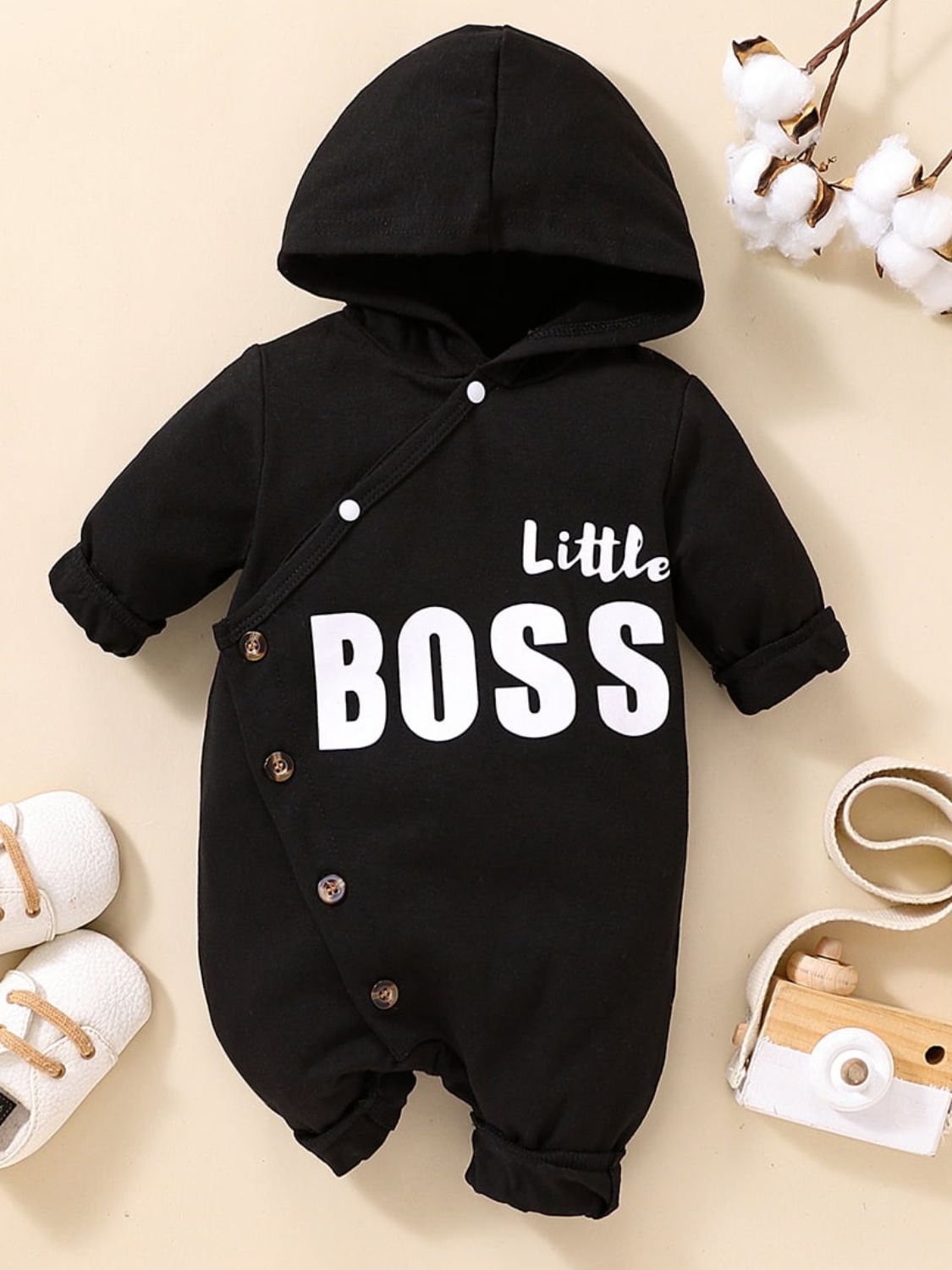 Baby LITTLE BOSS Graphic Hooded Jumpsuit - Admiresty